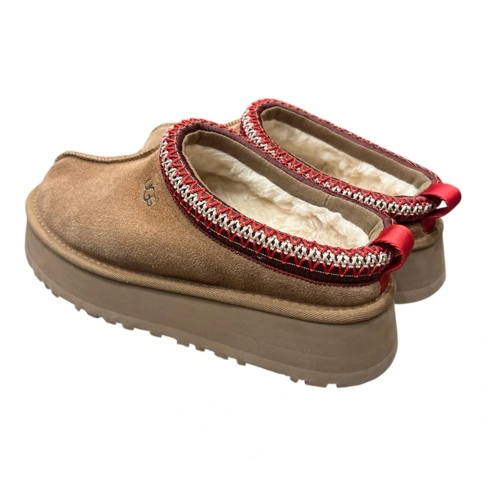 UGG WOMEN TAZZ CHESTNUT SHEARLING SUEDE PLATFORM SHOES US 8